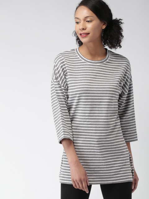 

FOREVER 21 Women Grey Melange & White Striped Longline T-shirt