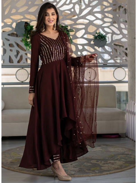 

Fashion Basket Brown & Gold-Toned Embroidered Semi-Stitched Dress Material