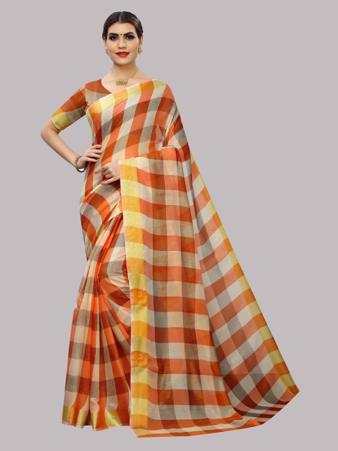 

Fashionuma Orange & Beige Checked Silk Cotton Saree