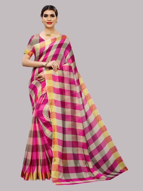 

Fashionuma Pink & Yellow Checked Silk Cotton Saree