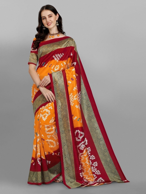 

Fashionuma Orange & Maroon Bandhani Silk Blend Saree