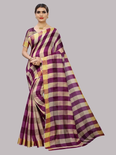 

Fashionuma Purple & Beige Checked Silk Cotton Saree