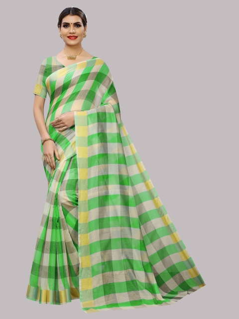 

Fashionuma Green & Yellow Checked Silk Cotton Saree