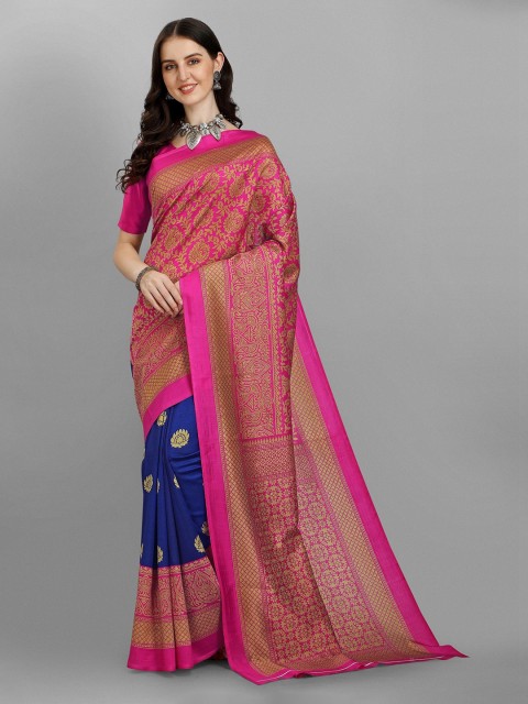 

Fashionuma Pink & Navy Blue Woven Design Silk Blend Saree