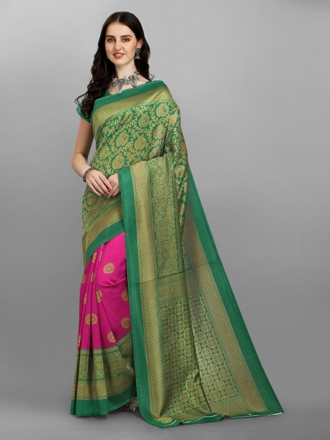 

Fashionuma Green & Pink Ethnic Motifs Zari Lichi Silk Saree