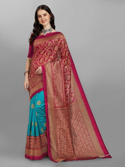 

Fashionuma Magenta & Blue Woven Design Art Silk Half and Half Saree