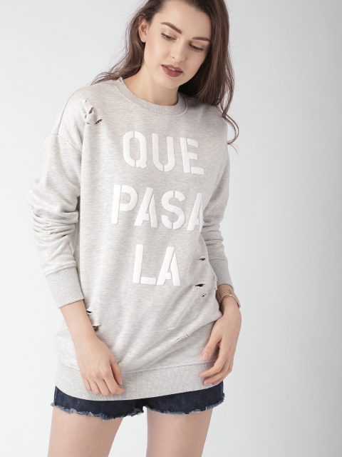 

FOREVER 21 Women Grey Melange Self-Design Sweatshirt