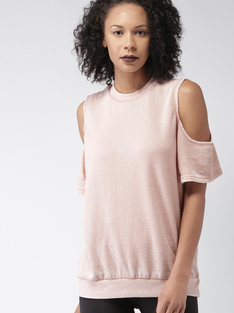 

FOREVER 21 Women Peach-Coloured Solid Cold-Shoulder Top