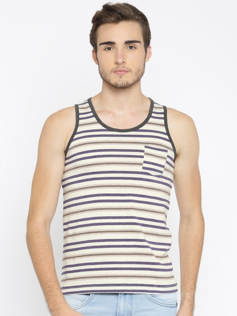 

American Crew Men Off-White Brown Striped Scoop Neck Pure Cotton T-shirt