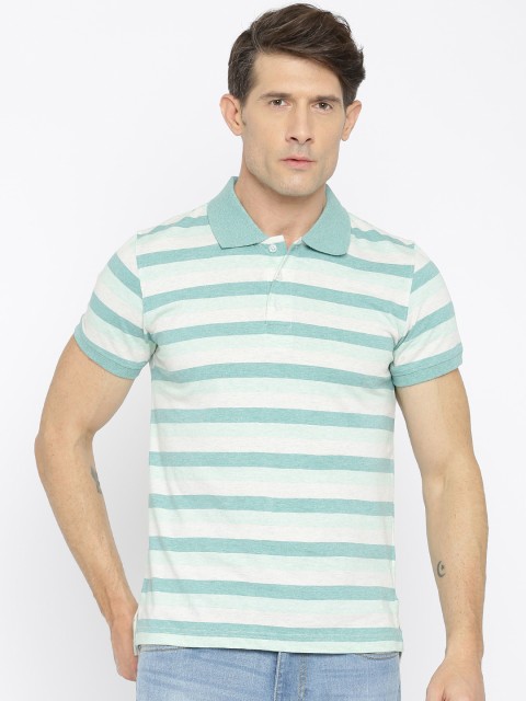 

American Crew Men Green & Off-white Striped Polo T-shirt