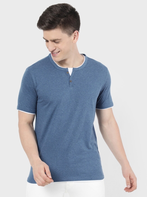 

R&B Men Blue Mandarin Collar T-shirt