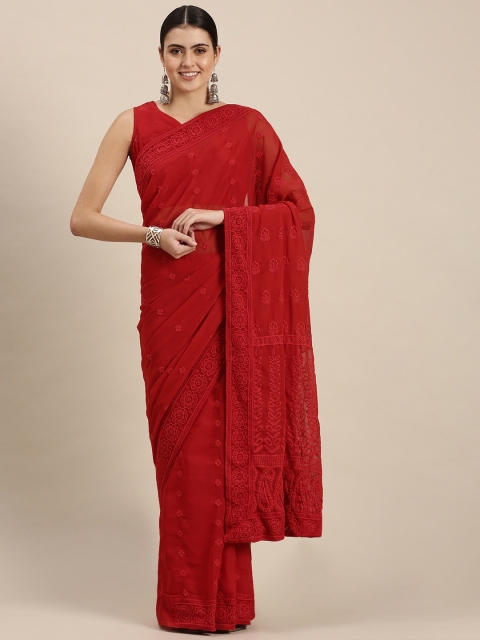 

ATRANGI Red Ethnic Motifs Chikankari Saree