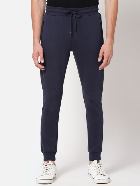 

R&B Men Black Solid Slim Fit Cotton Joggers, Navy blue