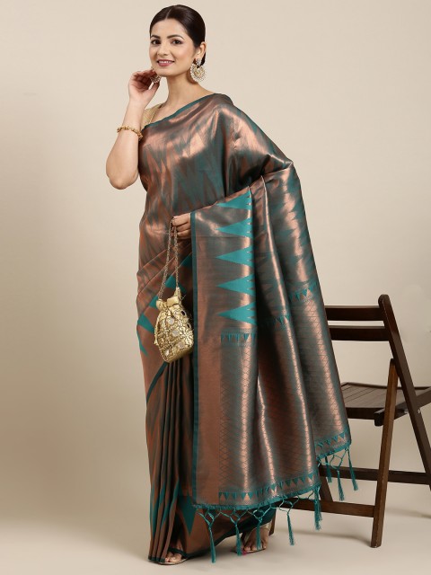 

SANGAM PRINTS Teal Green Ethnic Motifs Pure Silk Saree