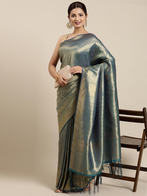 

SANGAM PRINTS Teal Blue Ethnic Motifs Pure Silk Saree