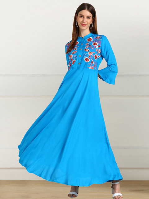 

shashvi Turquoise Blue & Multicoloured Floral Embroidered Thread Work Thread Work Anarkali Kurti