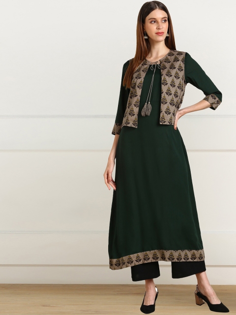 

shashvi Women Green & Brown Solid Pure Cotton A-line Kurta With Jacket