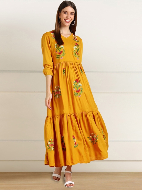 

shashvi Women Yellow Embroidered Thread Work Tiering Anarkali Kurta