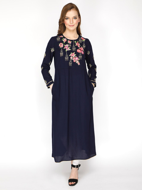 

shashvi Women Navy Blue Floral Embroidered Anarkali Kurta