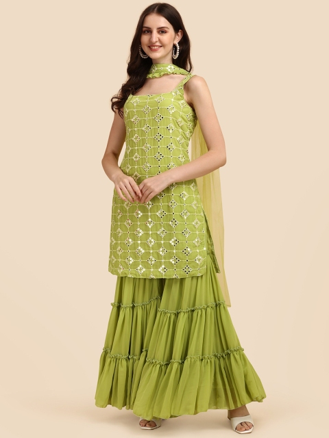 

Virah Fashion Women Lime Green Embroidered Layered Thread Work Kurti with Sharara & With Dupatta