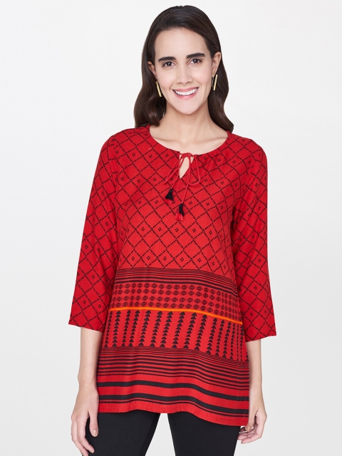 

Global Desi Red Print Tie-Up Neck Top