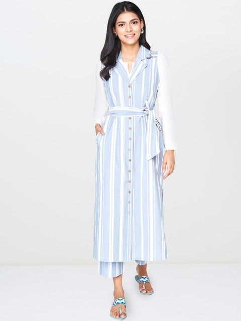 

Global Desi Women Blue & White Striped Coat with Trousers