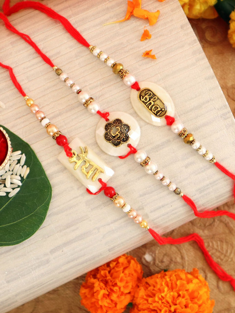 

TIED RIBBONS Set of 3 Premium Pearl Rakhi with Card & Roli Chawal, Multi
