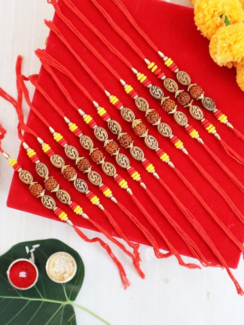 

TIED RIBBONS Set Of 12 Red & Brown Beaded Rakhi Gift Set