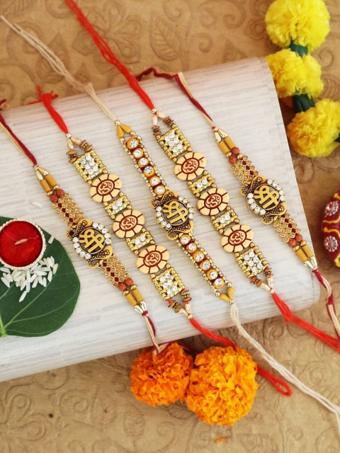 

TIED RIBBONS Set of 5 Red Om & Shree Rakhi with Card & Roli Chawal