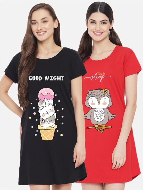 

FFLIRTYGO Red & Black Printed Nightdress