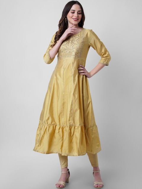 

NITVAN Women Brown Ethnic Motifs Embroidered Lace Frills Bows and Ruffles Anarkali Kurta