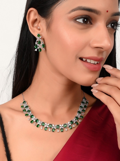 

Silvermerc Designs Silver-Plated Green & White AD-Studded Jewellery Set