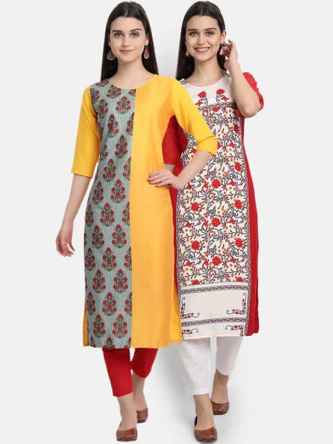 

KALINI Women Multicoloured Floral Printed Keyhole Neck Mirror Work Crepe Kurta, Multi