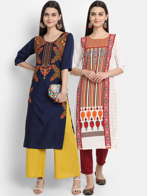 

KALINI Women Multicoloured Geometric Printed Thread Work Crepe Kurta, Multi