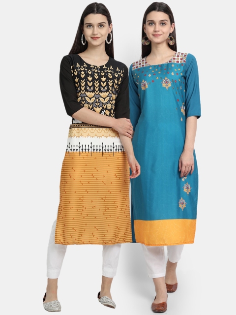 

KALINI Women Multicoloured Floral Yoke Design Thread Work Crepe Kurta, Multi
