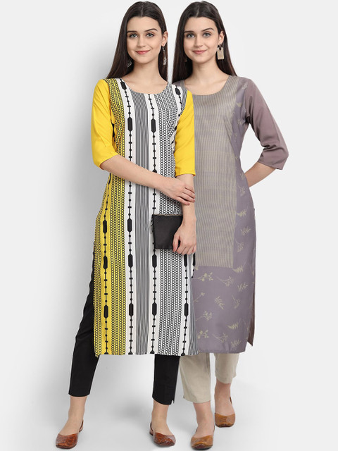 

KALINI Women Multicoloured Geometric Striped Mirror Work Crepe Kurta, Multi