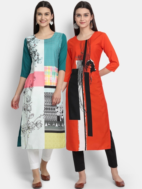 

KALINI Women Multicoloured Floral Printed Thread Work Crepe Kurta, Multi