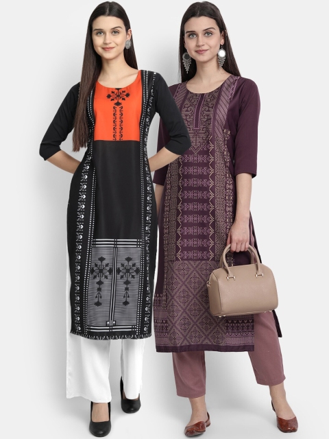 

KALINI Women Multicoloured Geometric Embroidered Thread Work Crepe Kurta, Multi