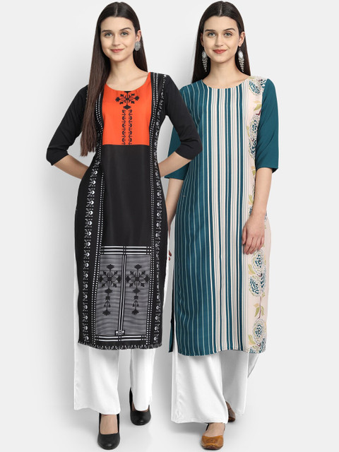 

KALINI Women Multicoloured & raisin black Geometric Embroidered Thread Work Crepe Kurta, Multi