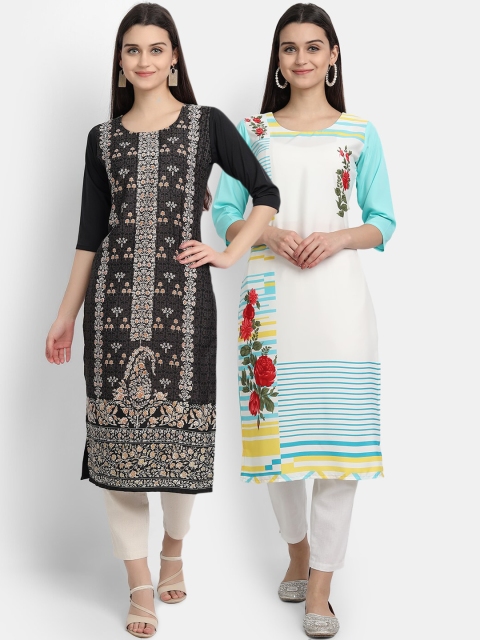 

KALINI Women Multicoloured Floral Printed Thread Work Crepe Kurta, Multi
