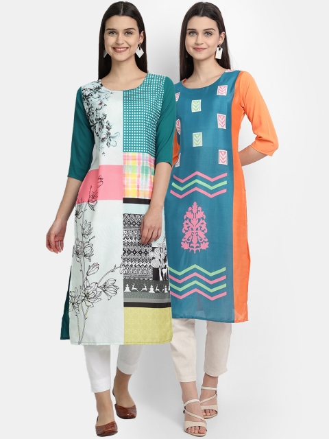 

KALINI Women Multicoloured Floral Printed Thread Work Crepe Kurta, Multi