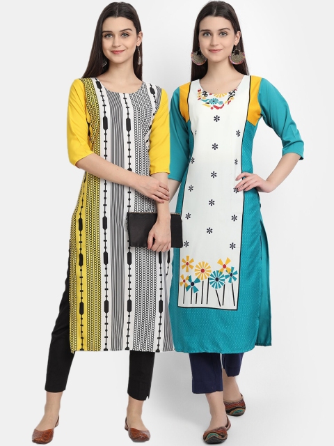 

KALINI Women Multicoloured Geometric Striped Mirror Work Crepe Kurta, Multi