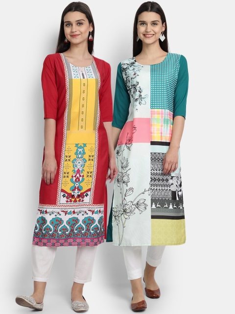 

KALINI Women Multicoloured Floral Printed Thread Work Crepe Kurta, Multi