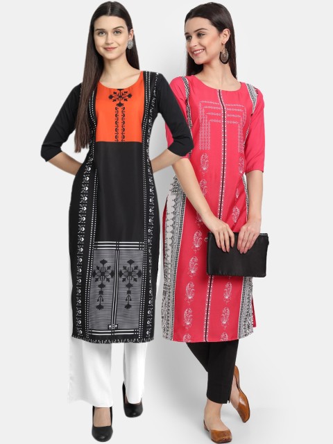 

KALINI Women Multicoloured Tribal Printed Mirror Work Crepe Kurta, Multi