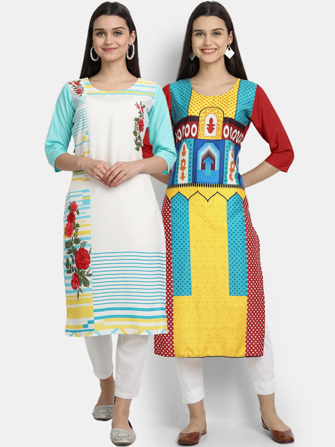 

KALINI Women Multicoloured Floral Printed Thread Work Crepe Kurta, Multi
