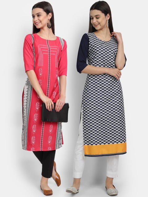 

KALINI Women Multicoloured Tribal Printed Mirror Work Crepe Kurta, Multi