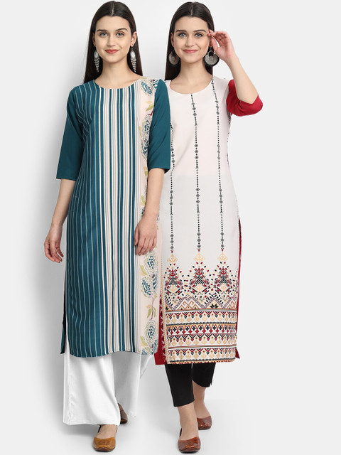 

KALINI Women Multicoloured Geometric Printed Cold-Shoulder Sleeves Crepe Kurta, Multi