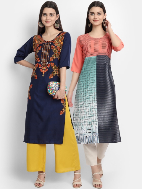 

KALINI Women Multicoloured Floral Embroidered Flared Sleeves Thread Work Crepe Kurta, Multi