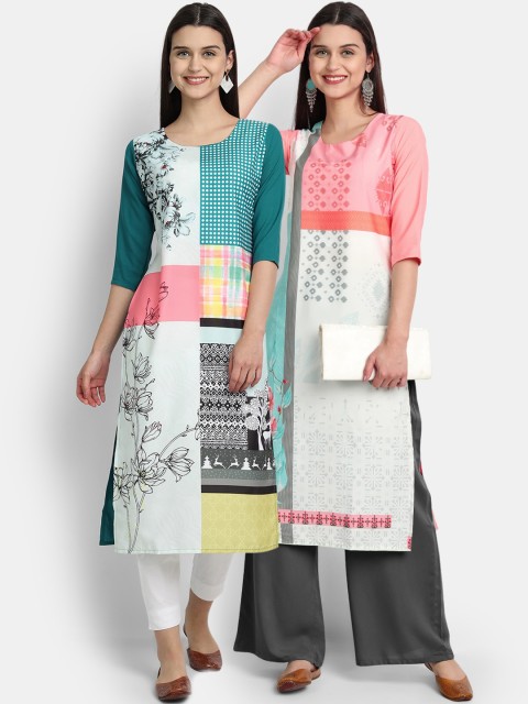 

KALINI Women Multicoloured Floral Printed Thread Work Crepe Kurta, Multi