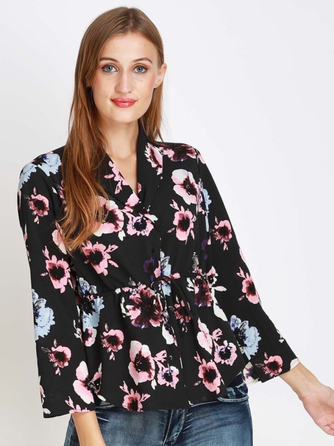 

angloindu Black & raisin black Floral Print Mandarin Collar Top